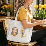 Personalized Cute 3D Cartoon Character Large Corduroy Tote Bag with Birth Flower and Name Daily Use Birthday Gift for Women