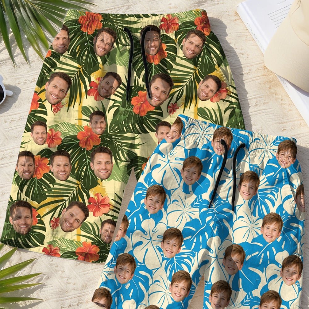 Personalized Tropical Plants Hawaiian Style 1-5 Face Photos Swim Trunks with Drawstring Holiday Beach Party Birthday Gift for Kids Men 3