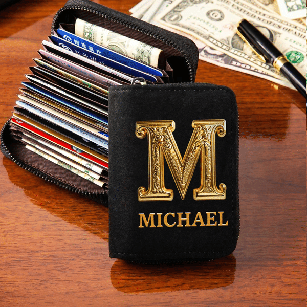 Personalized Gold Name and Initial Design Men's PU Leather Wallet Father's Day Anniversary Birthday Gift for Husband Dad