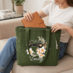 Personalized Birth Flower Sewing Machine Large Capacity Corduroy Tote Bag with Name and Zipper Daily Use Birthday Gift for Wife Woman Sewing Lover
