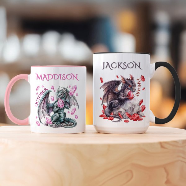 Personalised Dragon Birthstone 11 oz 15 oz Ceramic Mug with Name and Coaster Daily Drinking Birthday Gift for Children Dragon Enthusiasts