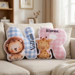 Spersonalizowana poduszka w kształcie inicjału Cute Cartoon Animal Plaid Home Decor Prezent urodzinowy dla chłopców i dziewczynek