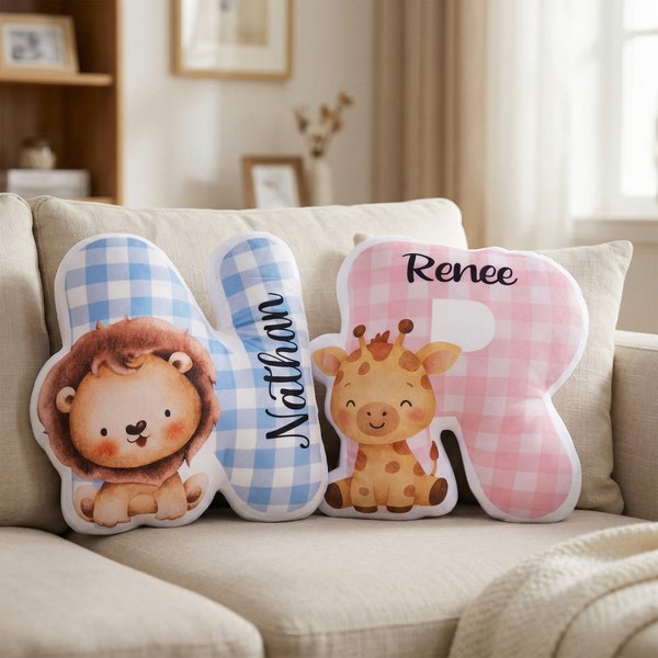 Personalizzato carino Cartoon Animal Plaid Initial Shaped Throw Pillow Home Decor Regalo di compleanno per ragazzi ragazze