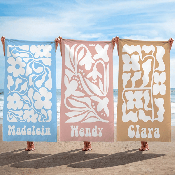 Personalized Retro Flower Quick Dry Beach Towel with Name Outdoor Beach Party Essential Birthday Gift for Her