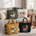 Personalized Birth Flower Sewing Machine Large Capacity Corduroy Tote Bag with Name and Zipper Daily Use Birthday Gift for Wife Woman Sewing Lover