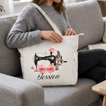 Personalized Birth Flower Sewing Machine Large Capacity Corduroy Tote Bag with Name and Zipper Daily Use Birthday Gift for Wife Woman Sewing Lover