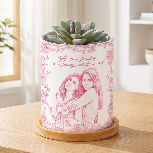 Personalized Pencil Sketch Photo Ceramic Plant Pot with Text and Bamboo Base Desk Decor Birthday Gift for Plant Lovers