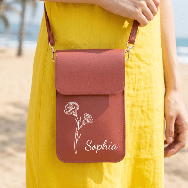 Borsa Crossbody in pelle PU con nome e finestra touch screen per uso quotidiano, regalo di compleanno per le donne.