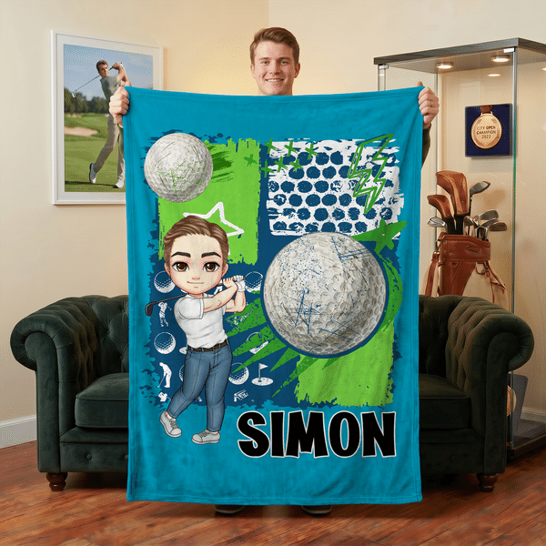 Personalizado Multicolor Cartoon Character Golf Soft Throw Blanket with Name Home Decor Team Birthday Gift for Golf Lovers