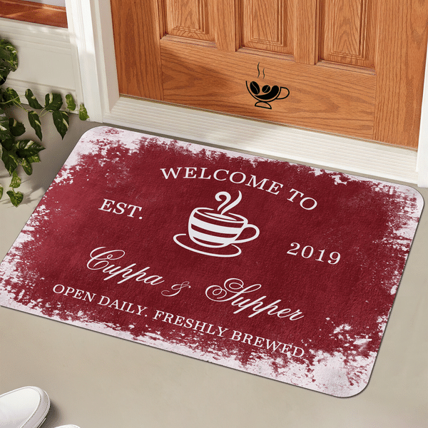 Personalized Welcome to Coffee Rust Effect Doormat with Year and Text Coffee Bar Accessory Opening Gift for Barista Coffee Lover