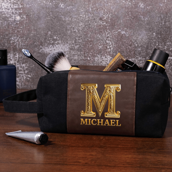 Personalised Golden Initial Name Portable PU Leather Toiletry Bag Travel Accessories Father's Day Birthday Gift for Man Father
