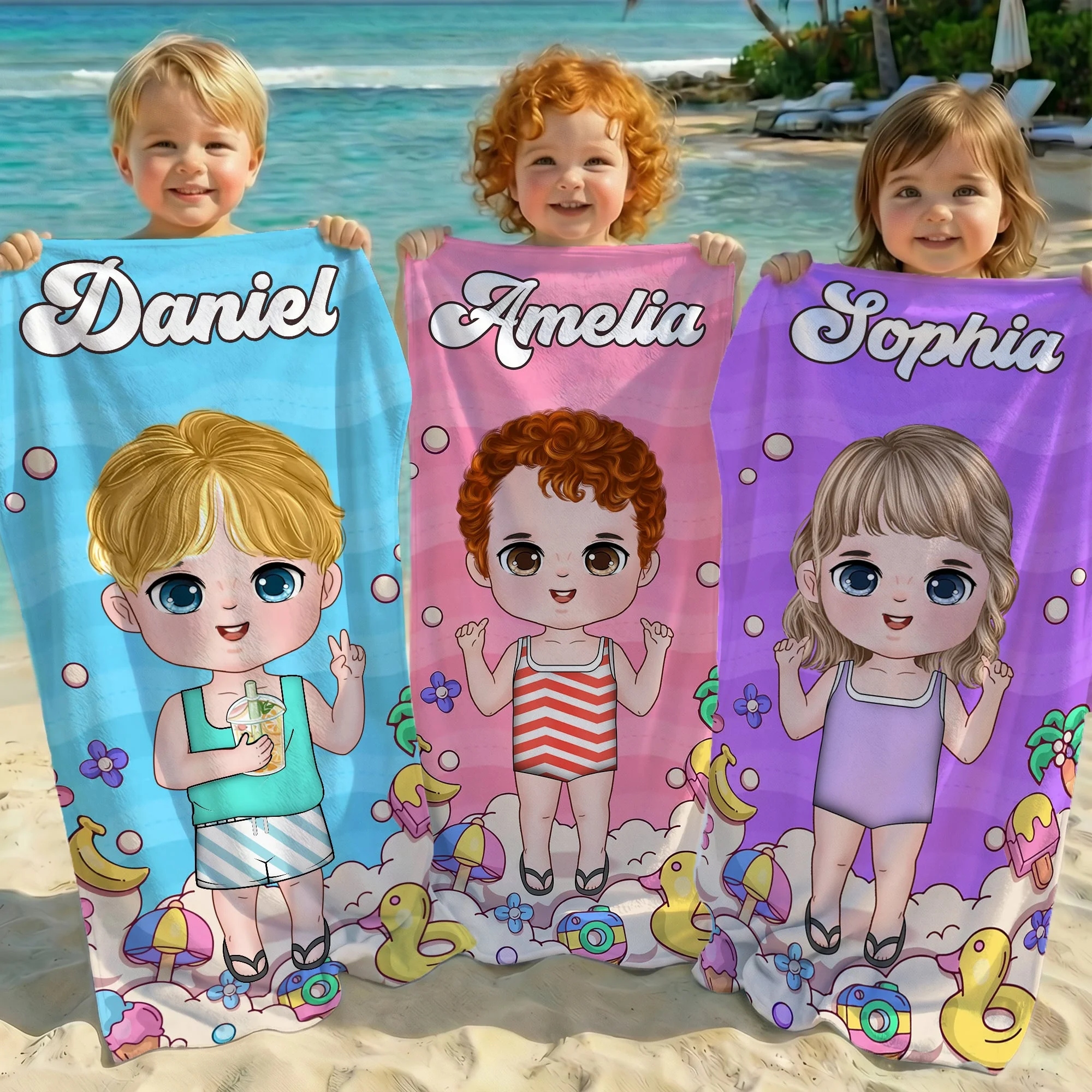 Personalisiertes Strandtuch mit Cartoonfigur und Hintergrund in Bonbon-Farben Optional mit Turnbeutel Sommerausflug Geschenk für Kinder und Familie