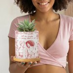 Pot à plantes personnalisé en céramique avec texte et base en bambou Décoration de bureau Cadeau d'anniversaire pour les amoureux des plantes
