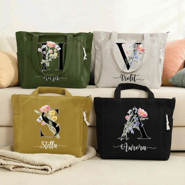 Sac fourre-tout en velours côtelé de grande capacité avec nom Utilisation quotidienne Cadeau d'anniversaire pour les femmes