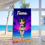 Personalised Summer Seaside Character Quick Dry Oversized Beach Towel with Name Summer Holiday Beach Party Birthday Gift for Women Girls