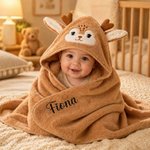 Couverture à capuche de style d'animal personnalisée avec nom brodé - Cadeau anniversaire pour bébé nouveau-né
