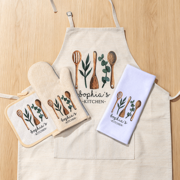 Tablier et gants de pâtisserie aquarelle personnalisés avec nom Cadeau de pendaison de crémaillère pour les mamans boulangères