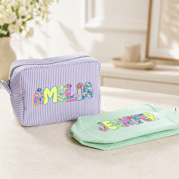 Borsa per il trucco personalizzata multicolore a righe con effetto artistico e nome, regalo di compleanno essenziale per le donne.