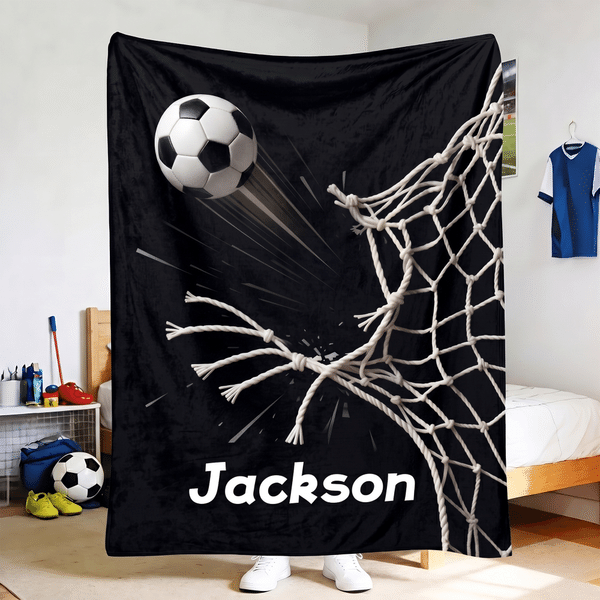 Personalised Soccer Design Black Soft Throw Blanket with Name Home Decor Team Birthday Gift for Soccer Player Lover