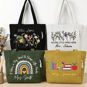 Personalised Teacher Theme Large Capacity Corduroy Tote Bag with Name Travel Essential Birthday Teacher's Day Gift for Teacher Woman