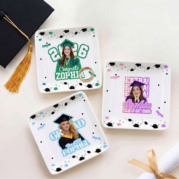 Photo de la casquette de graduation personnalisée Carré en céramique avec nom et année Décoration de la fête de graduation Favors pour les gradués