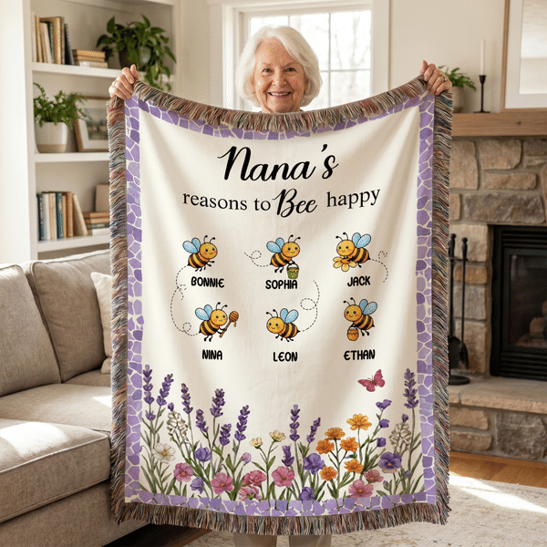 Personalized Reasons to Bee Happy Soft Throw Tassel Blanket with Name Sofa Decor Birthday Gift for Mom Grandma
