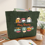Personalized Multi-Pattern Teacher Flower Corduroy Tote Bag with Text Daily Use Teacher's Day Gift for Teachers