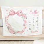 Personalised Bow Floral Design Soft Throw Blanket with Name Home Decor Baby Shower Birthday Gift for Newborn New Mom