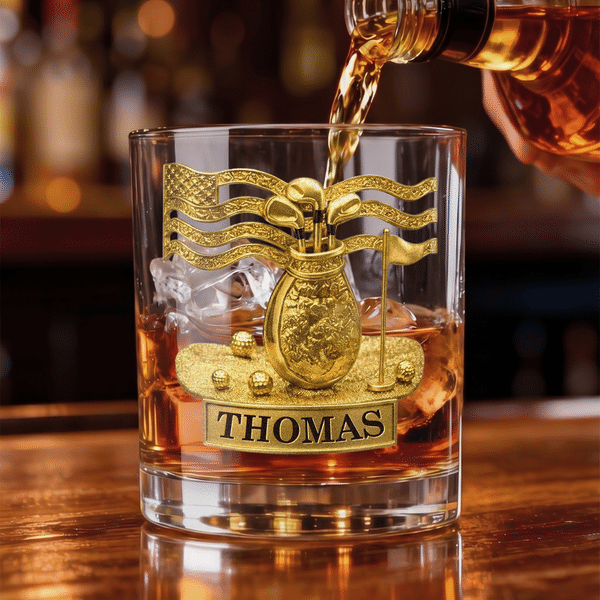Golf de Oro Personalizado Nombre 10 oz Rock Whiskey Glass Old Fashioned Día del Padre Cumpleaños de regalo para el hombre Bartender Whisky Enthusiast Golf Lover