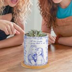 Pot à plantes personnalisé en céramique avec texte et base en bambou Décoration de bureau Cadeau d'anniversaire pour les amoureux des plantes