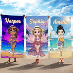 Personalised Summer Seaside Character Quick Dry Oversized Beach Towel with Name Summer Holiday Beach Party Birthday Gift for Women Girls