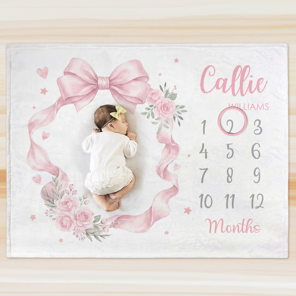 Personalized Bow Floral Design Soft Throw Blanket with Name Home Decor Baby Shower Birthday Gift for Newborn New Mom