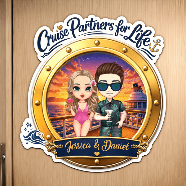 Personalized Cartoon Couple Character Cruise Fridge Magnet with Name Home Decor Birthday Summer Travel Gift for Couple