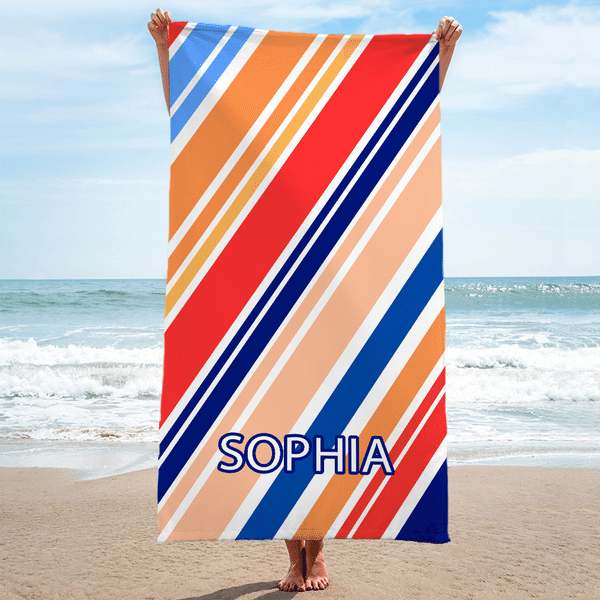 Personalized Multicolor Retro Stripes Quick Dry Oversized Beach Towel with Name Summer Vacation Beach Party Birthday Gift for Family Friends