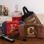 Personalised Golden Initial Name Portable PU Leather Toiletry Bag Travel Accessories Father's Day Birthday Gift for Man Father