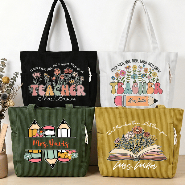 Personalized Multi-Pattern Teacher Flower Corduroy Tote Bag with Text Daily Use Teacher's Day Gift for Teachers