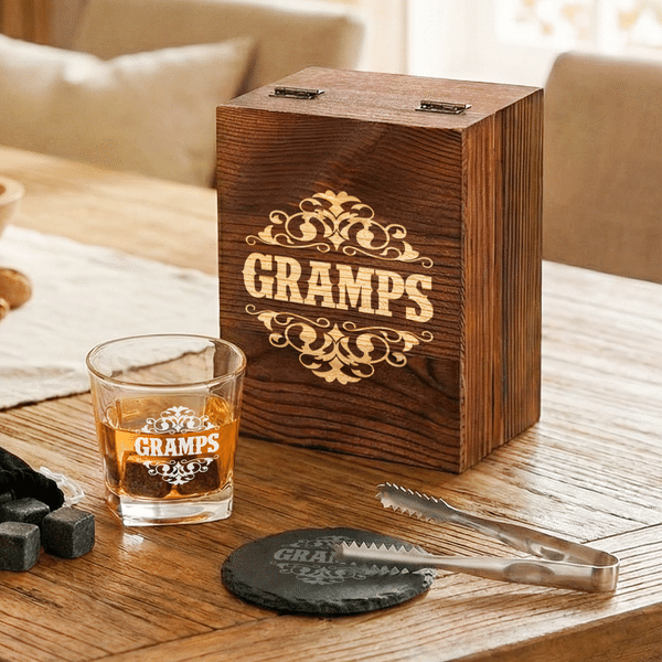 Personalised Retro Title Pattern Whiskey Glass 4 Stones Wooden Box Set Father's Day Birthday Anniversary Gift for Men