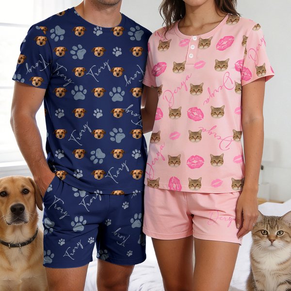 Personalisierte Multicolor Paw Print Lip 1-5 Face Fotos Familie Pyjama Set täglich tragen Vatertag Muttertag Geburtstag Geschenk für Mann Frau