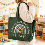 Personalized Teacher Theme Large Capacity Corduroy Tote Bag with Name Travel Essential Birthday Teacher's Day Gift for Teacher Woman