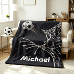 Personalised Soccer Design Black Soft Throw Blanket with Name Home Decor Team Birthday Gift for Soccer Player Lover
