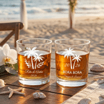 Personalised Palm Trees 10 oz Old Fashioned Rock Whiskey Glass with Name and Year Wedding Gift for Couple Newlywed