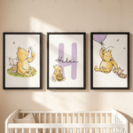 Personalized Classic Winnie the Pooh 3-Piece Canvas Prints with Name and Initial Nursery Decor Ship from USA Birthday Gift for New Baby