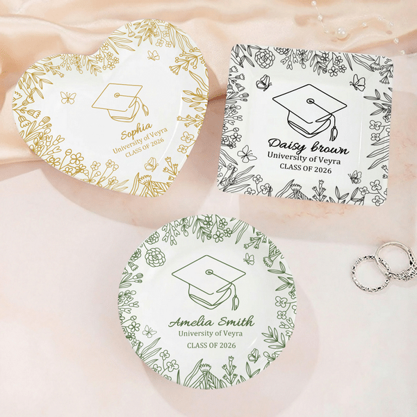 Personalized Line Hand-Drawing Floral Graduate Cap Ceramic Trinket Jewelry Tray with Name Year and School Name Graduation Gift for Graduates