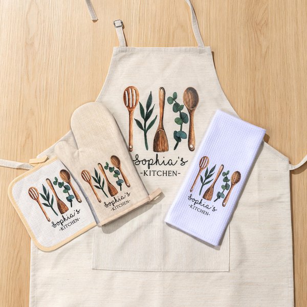 Personalised Watercolor Baking Tools Apron and Glove Set with Name Birthday Housewarming Gift for Moms Baker Lovers