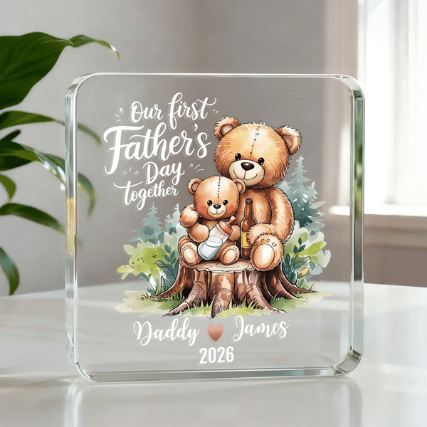 Personalized Father Child Bear Square Acrylic Plaque with Name and Year Home Decor First Father's Day Gift for Dad