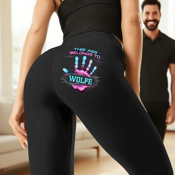 Personalised This Ass Belongs To Handprint Pattern Stretch Leggings Yoga Pants with Name Daily Wear Anniversary Gift for Wife Girlfriend