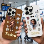Personalized Cartoon Travel Character Photo Multicolour  Phone Case with Name for iPhone Daily Use Birthday Gift for Traveler Friend