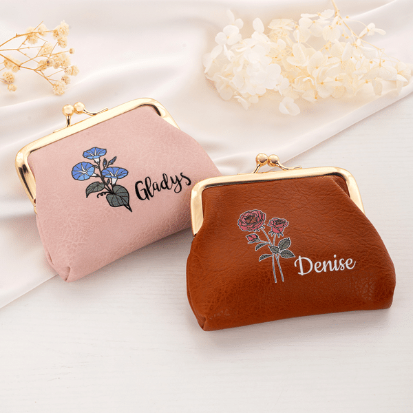 Personalised Retro Birth Flower PU Leather Coin Handbag with Name Daily Use Birthday Gift for Woman Friend