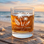 Personalised Palm Trees 10 oz Old Fashioned Rock Whiskey Glass with Name and Year Wedding Gift for Couple Newlywed