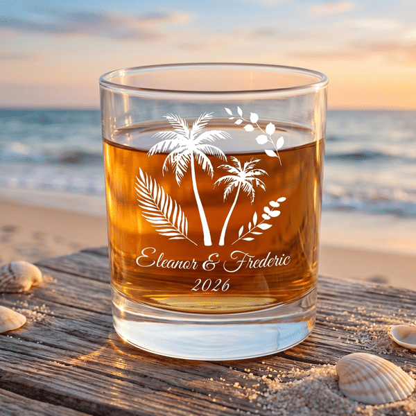 Verre à whisky personnalisé Palm Trees 10 oz Rock avec nom et année Old Fashioned Wedding Gift for Couple